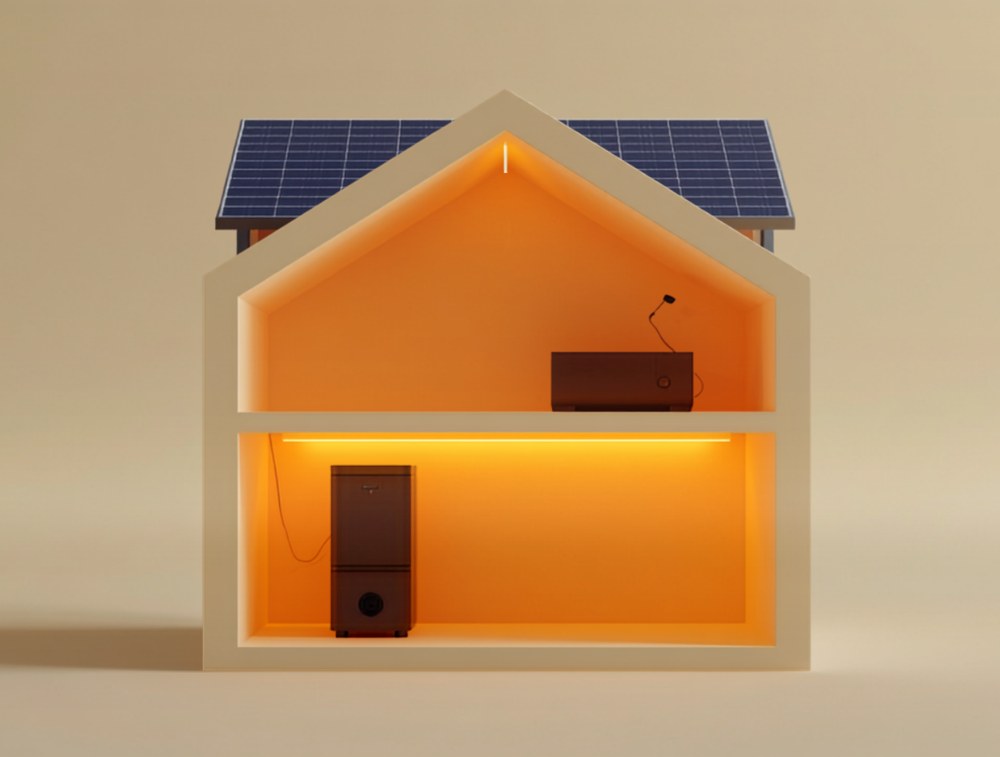 Illustration: cross-section of a house – energy flows from the solar roof inside to the living space, battery and miner
