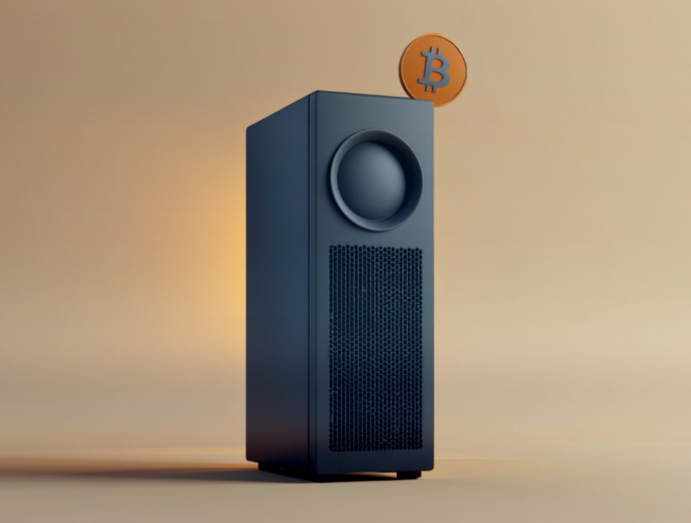 Illustration: a tall, dark ASIC miner with a round fan and a fine mesh grille, a matte Bitcoin coin floating next to it