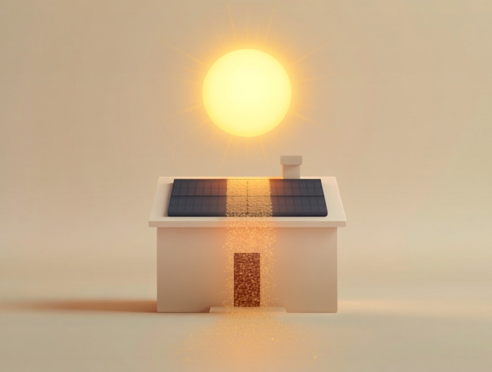 Illustration: the midday sun sends a golden stream of energy onto the solar roof of a house
